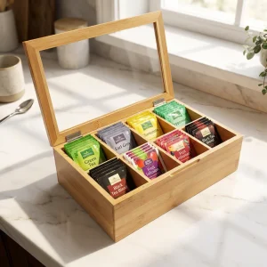 Caja Para Té Organizadora Con Tapa En Bambú 8 Compartimentos